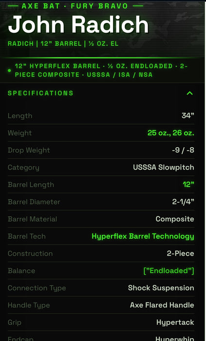 AXE FURY BRAVO USSSA SLOWPITCH BAT | JOHN RADICH PLAYER EDITION | 12” BARREL | ½ OZ. ENDLOADED | FLARED HANDLE