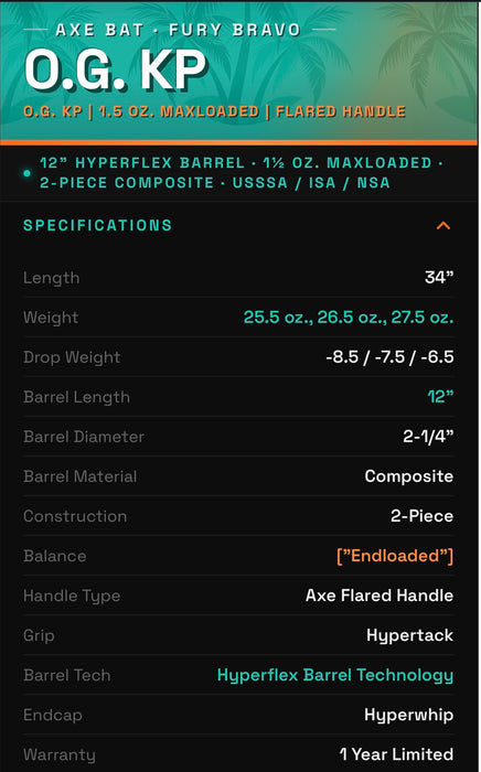 AXE FURY BRAVO USSSA SLOWPITCH BAT | KYLE PEARSON PLAYER EDITION| ½ OZ. ENDLOADED | FLARED HANDLE |